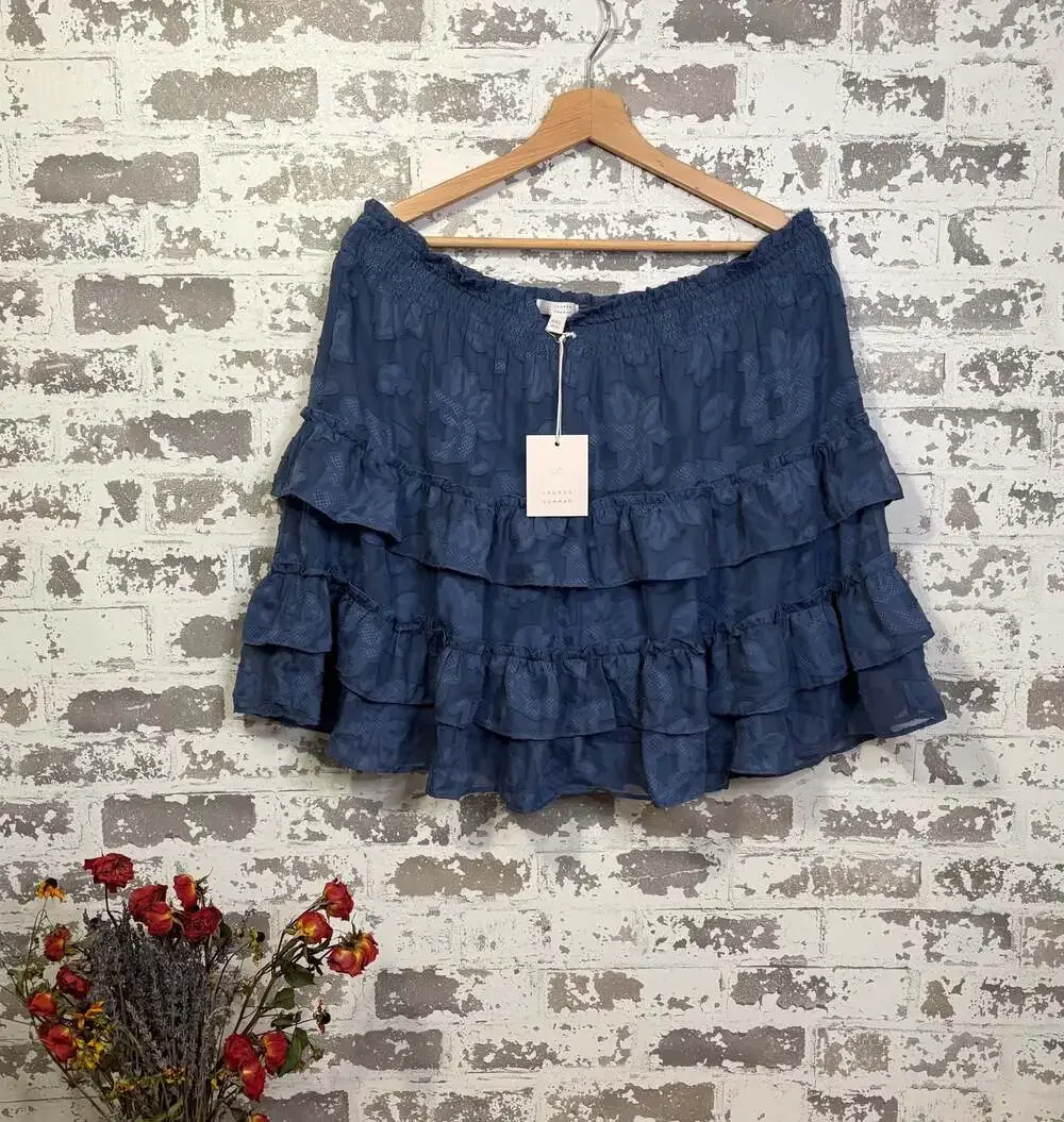 LC Lauren Conrad Blue Floral Jacquard Smocked Waist Ruffle Mini Skirt XXL NWT